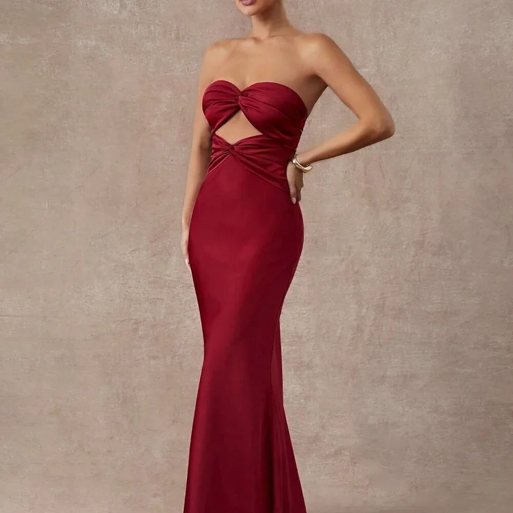 Burgundy Elegant Party Women's Twisted Tube Top Satin Graduation Dress - Picture 5 of 7